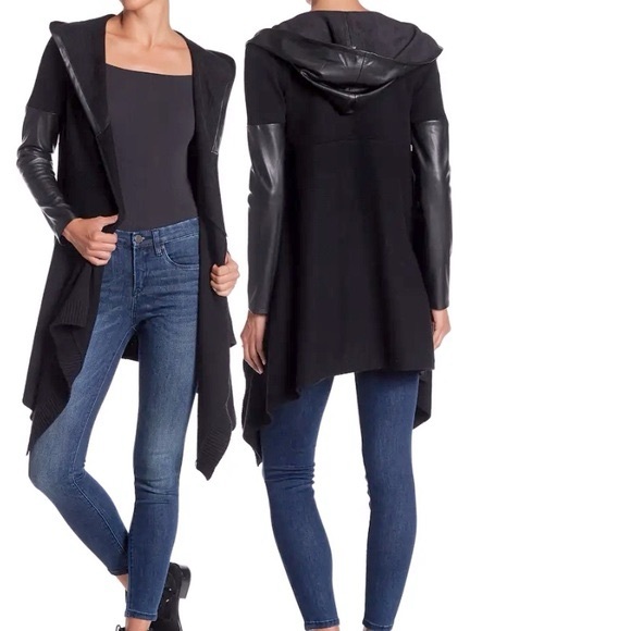 BLANK NYC - Faux Leather Trim Long Hooded Sweater Jacket Size: M